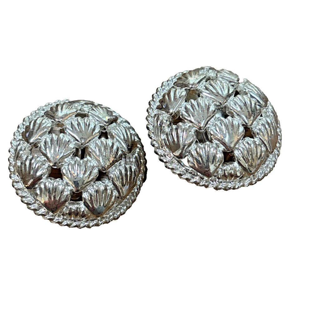 Vintage Nina Ricci Clip On Earrings Chunky Silvertone Sea Shells Round Signed
